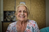 A close up photograph of aged care resident pat Allen, 85, from Inglewood in central Victoria.
