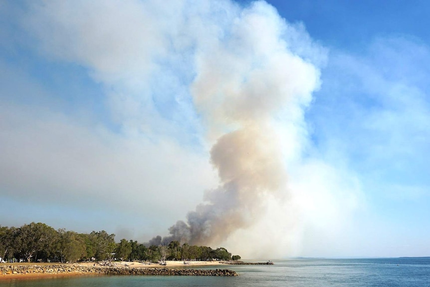 Smoke billows high into the air behind the beach and bush,