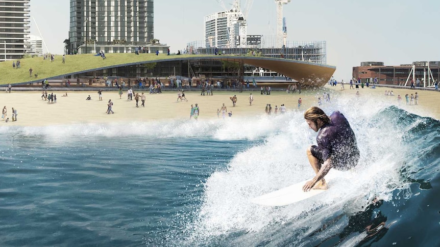 Water level view of surfer on wave in proposed park