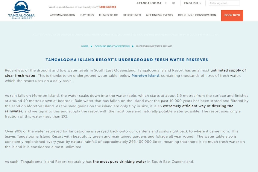 A page details the resort's underwater fresh water reserves.