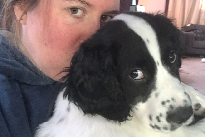 A selfie of a young woman with brown hair and her puppy, white face and brown ears. 