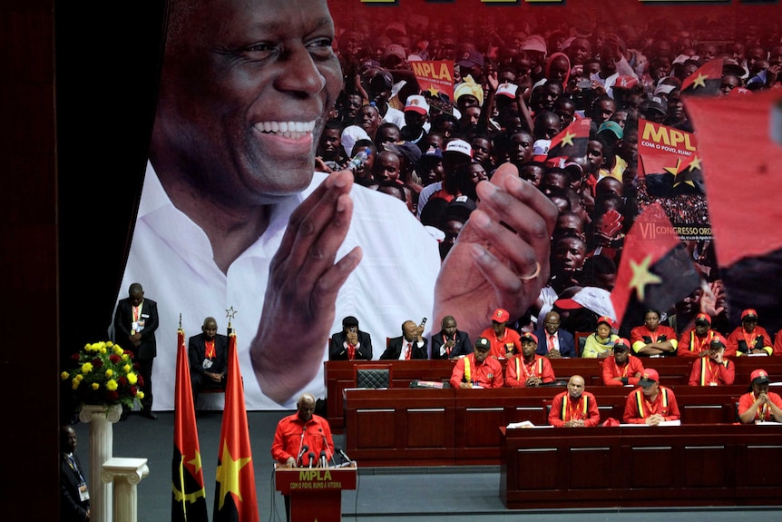 Former Angolan president speaks in front of his ruling party.