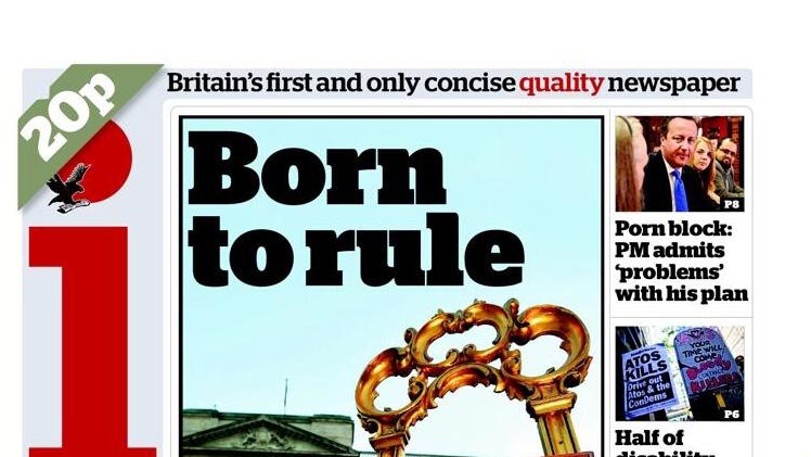 Front page of the i (newspaper) announcing the birth of a son to Prince William and Catherine.