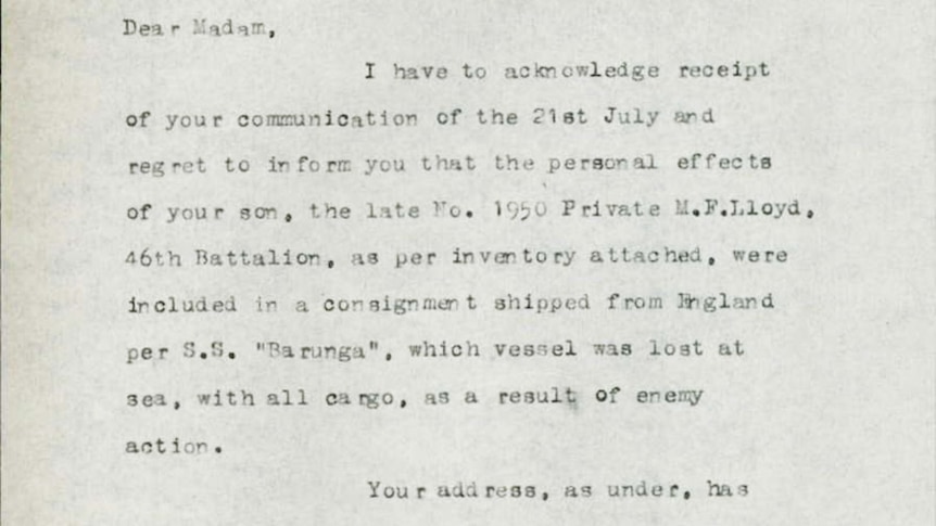 A 1920 letter about the late Private M.F. Lloyd