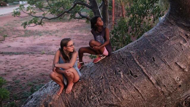 Two Indigenous girls sit on the trunk of a large tree.