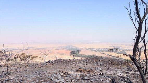 The view toward Port Pirie is shrouded in smoke from the Bangor bushfire.