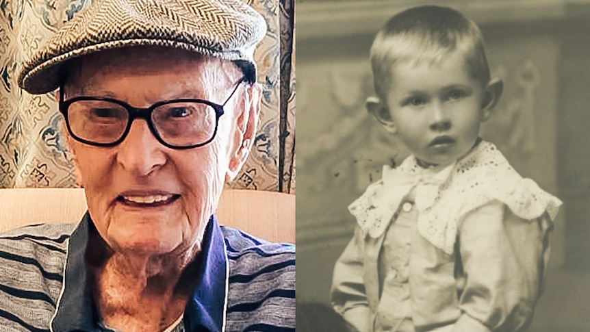 A composite image of a man at 111 and aged 3