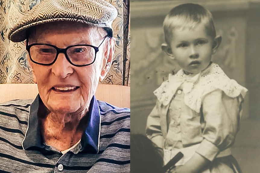 A composite image of a man at 111 and aged 3