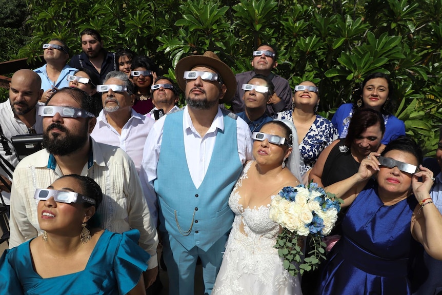 A bridal party, including a bride and groom, look up at the sky wearing eclipse glasses