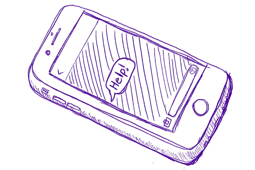 A blue-and-white illustration of a mobile phone with 'Help!' in a message box depicting asking for help when stressed, self care