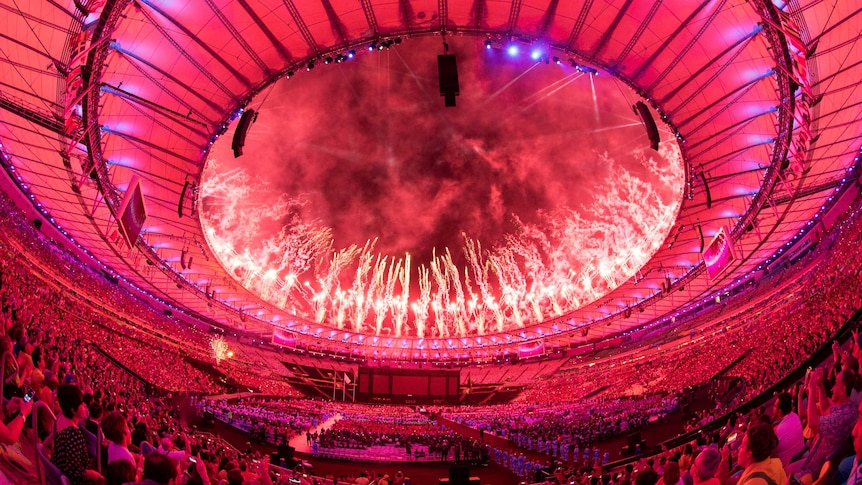 Time to party ... Fireworks are let off over the roof during the closing ceremony at the Maracana Stadium
