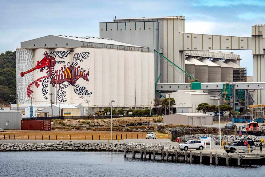 A seahorse is painted on the side of the Albany grain silos.