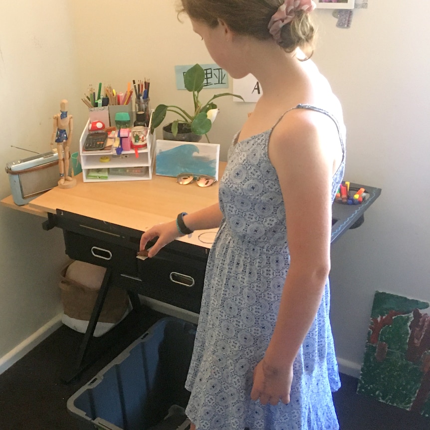 Young woman standing beside a desk and homemade mouse trap.