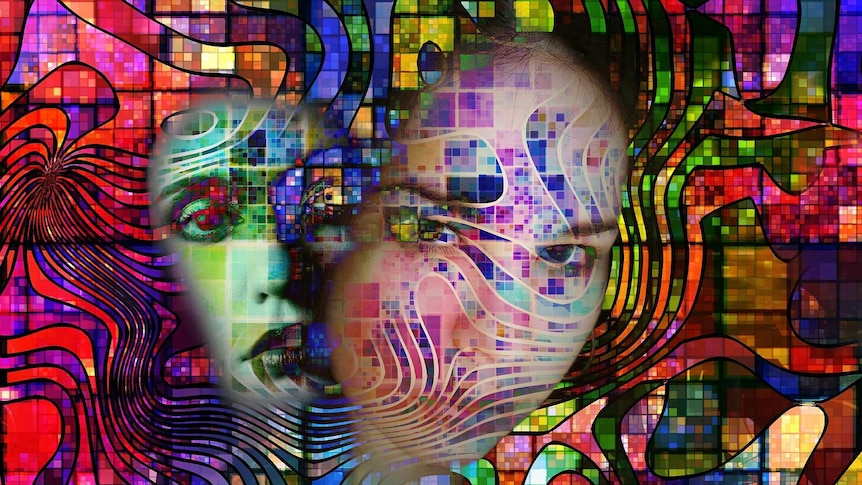 A surreal image of colourful boxes and swirls superimposed over two women's faces