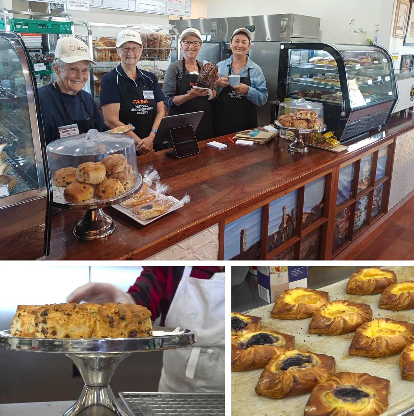 Three images inside  cafe showing assorted baked goods and five smiling women behind the counter.