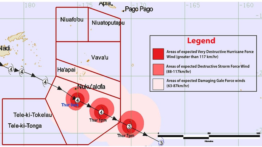 A tracking map shows Tongan islands and waters in relation to the forecast track of Cyclone Harold.