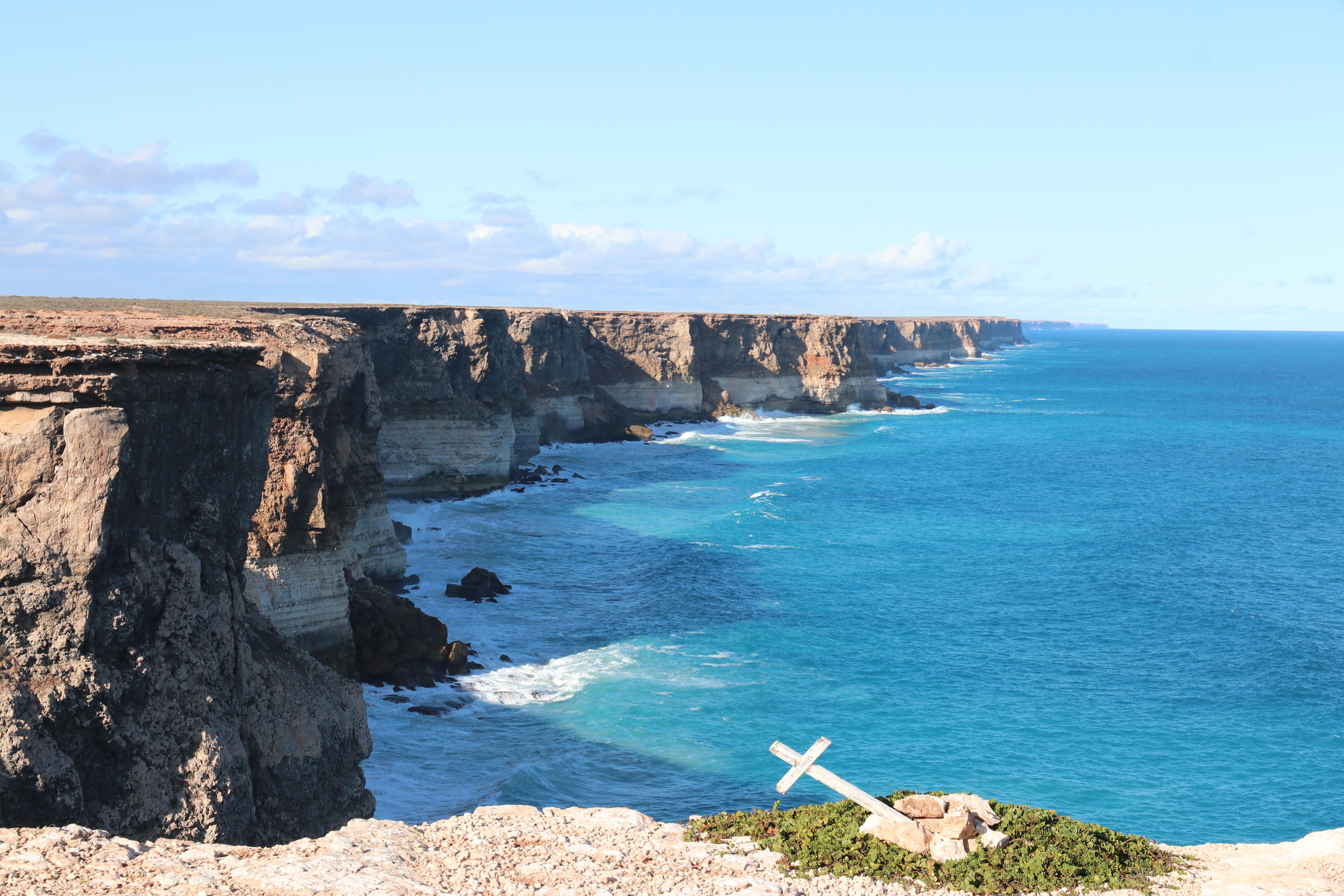large cliffs of the Great Australian Bight, blue ocean sunny day