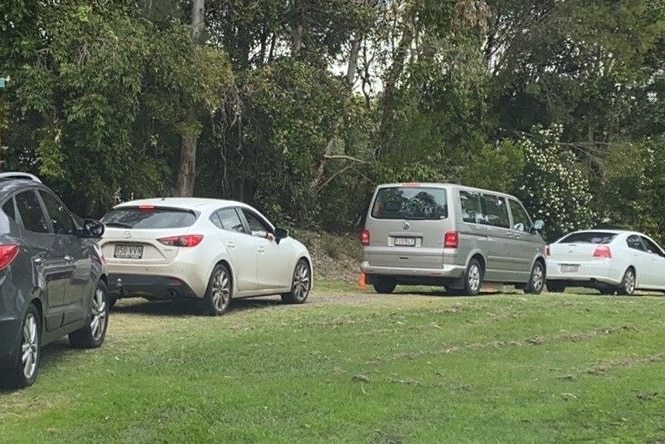 Cars in a line beside a shed