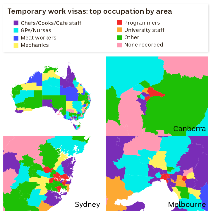 Map showing the top occupations by area for temporary work visas