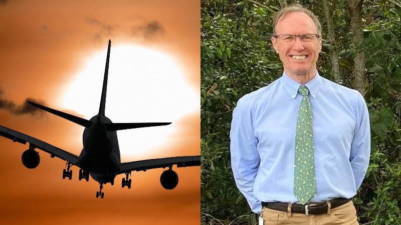 composite image of a plane taking off into the sunset and a man with glasses and a tie and long sleeve shirt