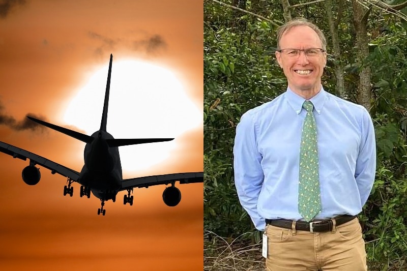 composite image of a plane taking off into the sunset and a man with glasses and a tie and long sleeve shirt