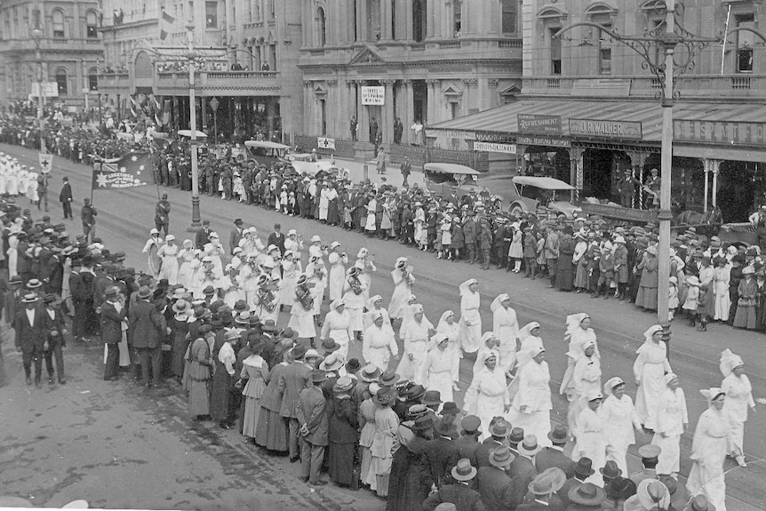 The Burra Cheer-Up Ladies Band marches through Adelaide