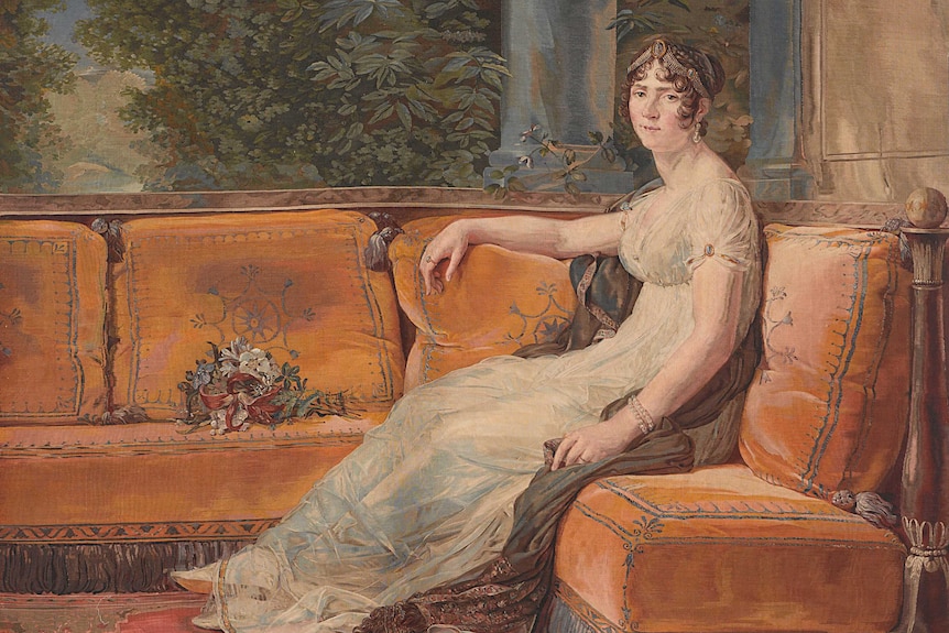 An old styled painting of an affluent woman sitting on a couch in front of a luscious garden.