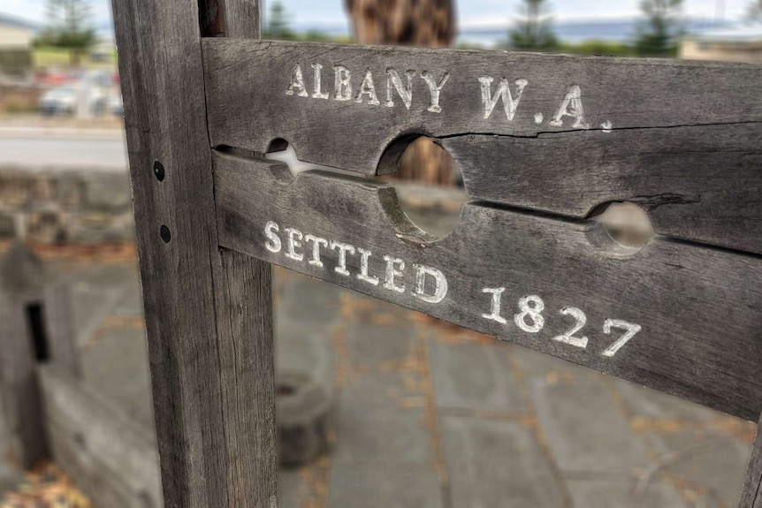 Replica of wooden prison stocks in Albany