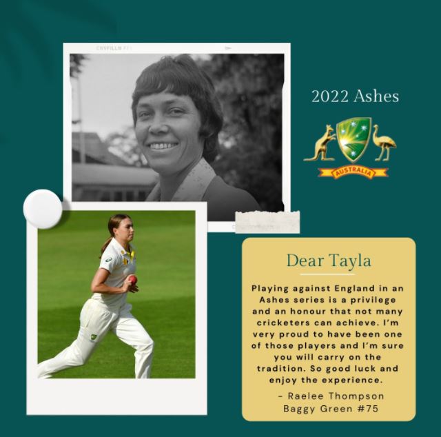 Screenshot of a message from Australia's former fast bow Raelee Thompson to current player and fellow Victorian Tayla Vlaeminck