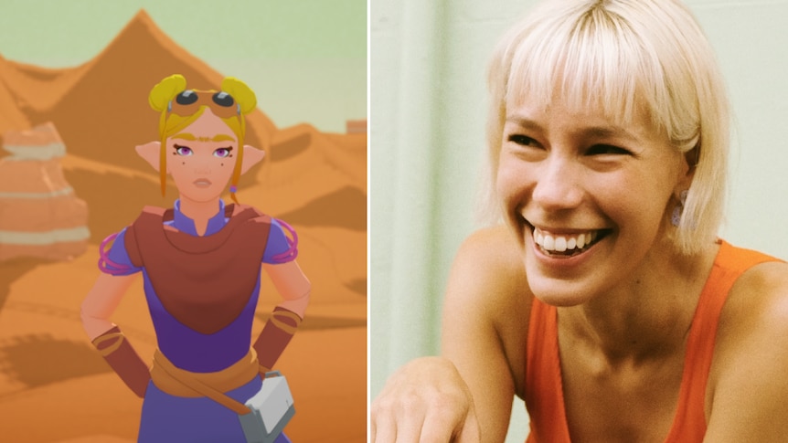 Collage of a blonde animated character named Taal, wearing goggles and brown/blue outfit; Sally Coleman with blonde hair smiles