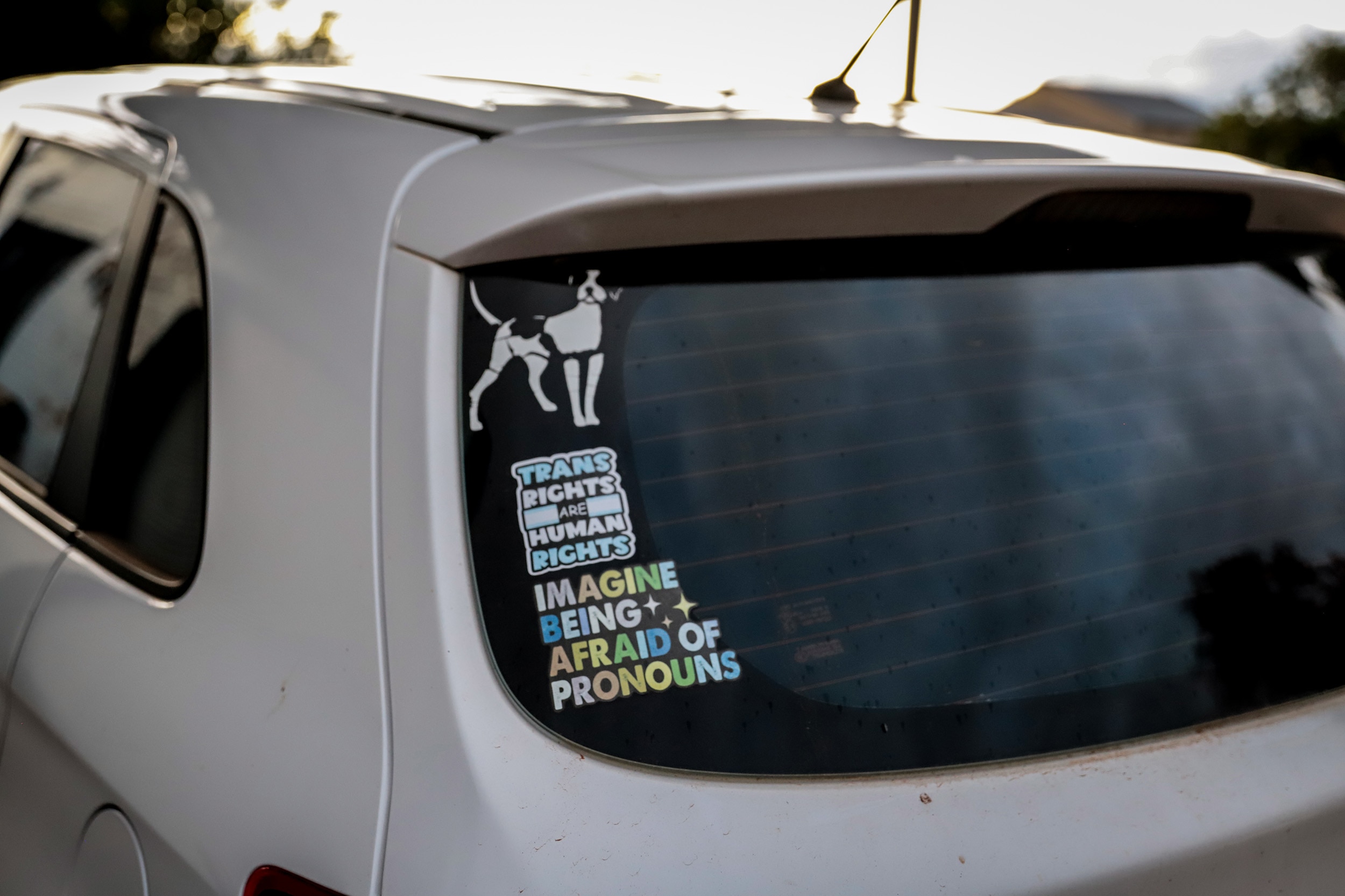 Stickers on the back windscreen of a white hatchback expressing support for LGBTIQ+ rights