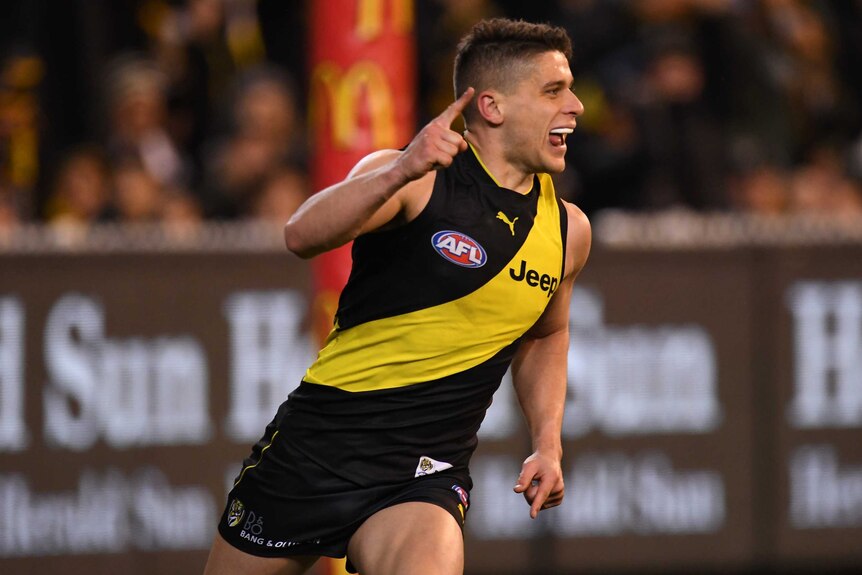 Dion Prestia pumps his fist after kicking a goal for Richmond against Geelong.