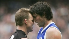 Nathan Buckley (l) and Leigh Brown share words