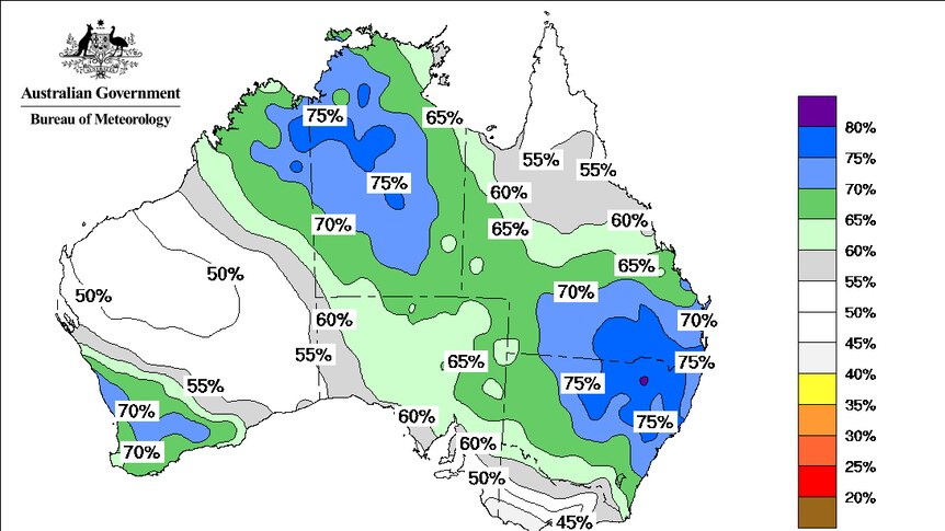 A BOM map on above average rainfall predictions