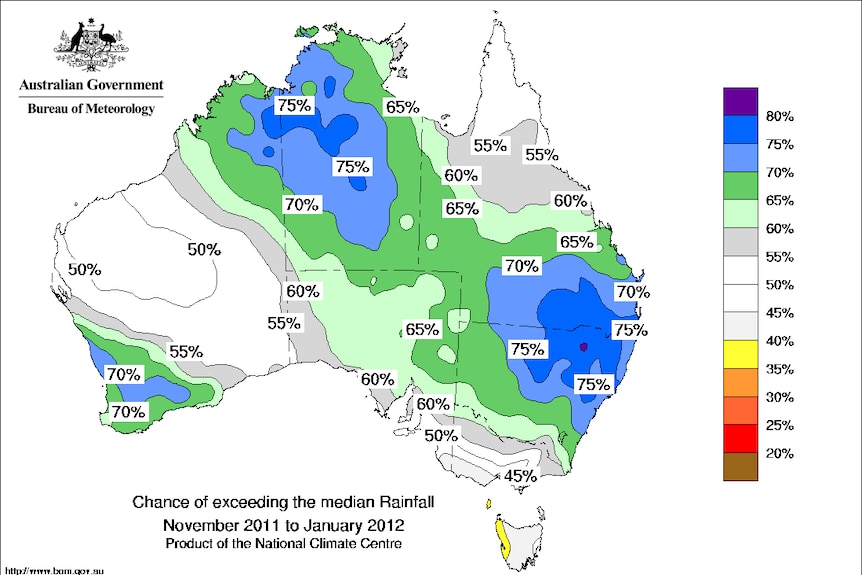 A BOM map on above average rainfall predictions
