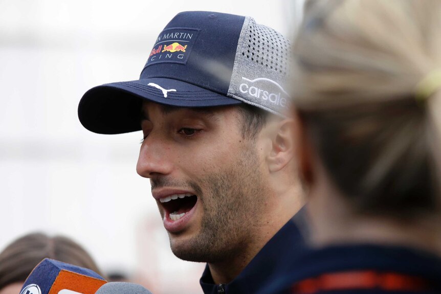 Red Bull driver Daniel Ricciardo, talks to the media after the Azerbaijan F1 Grand Prix.