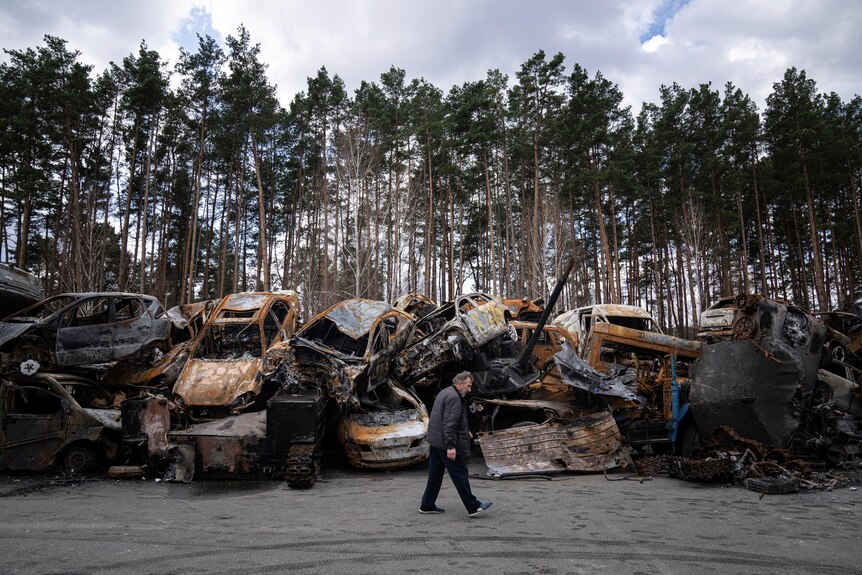 A man walks past rows of burned out cars in a forest