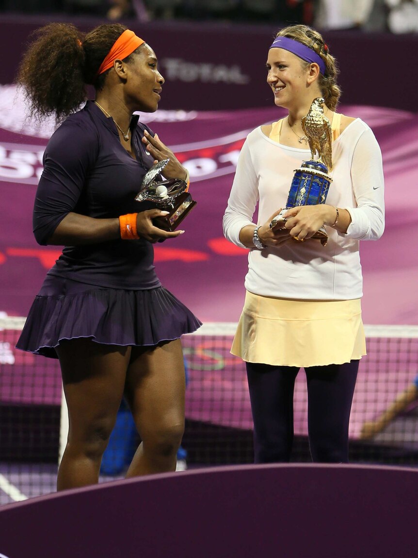 Victoria Azarenka (R) ousted Serena Williams in three sets to defend her Doha title.