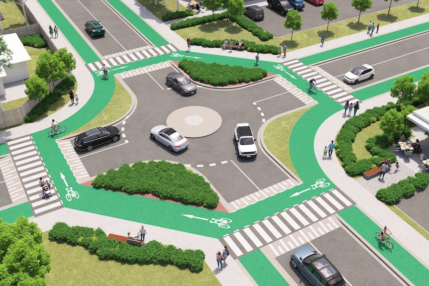 A graphic showing a proposed road roundabout, with green lines on the road for cylists.