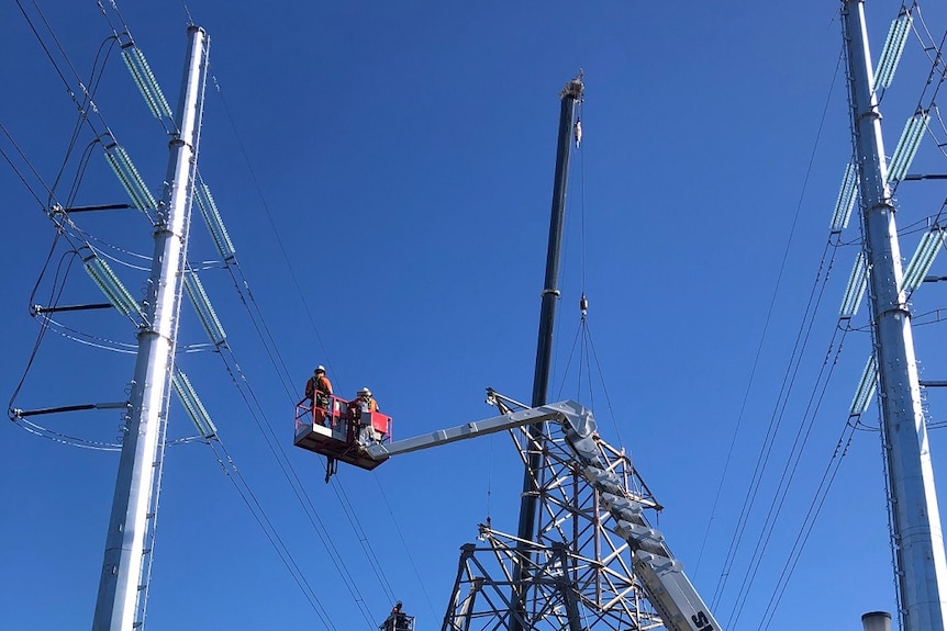 Workers in a cherry picker next to high voltage power lines.