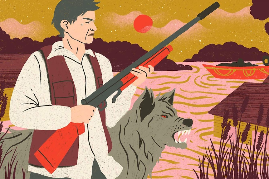 Illustration of a tough-looking woman holding a shotgun beside a snarling wolf, in front of floodwaters