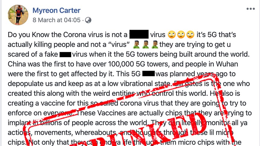 a debunked facebook post linking concerns about 5G with COVID-19