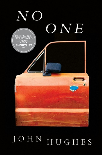 The book cover for John Hughes' No One, black background and orange car door
