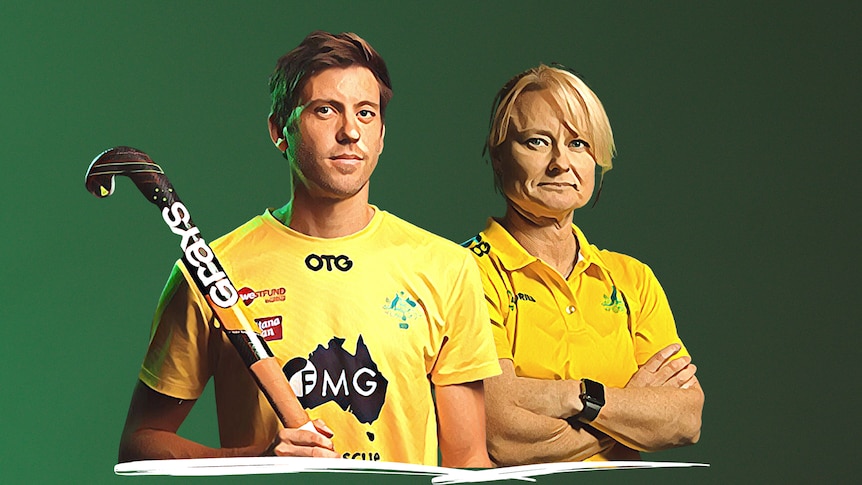 A stylised photo shows Eddie Ockenden holding a hockey stick and looking at the camera, and Katrina Powell arms folded 