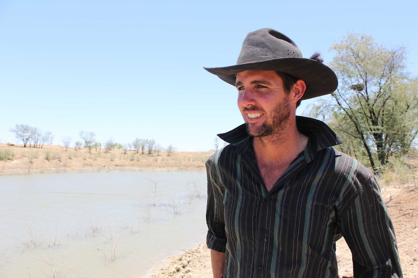 Cattle producer looks over dam