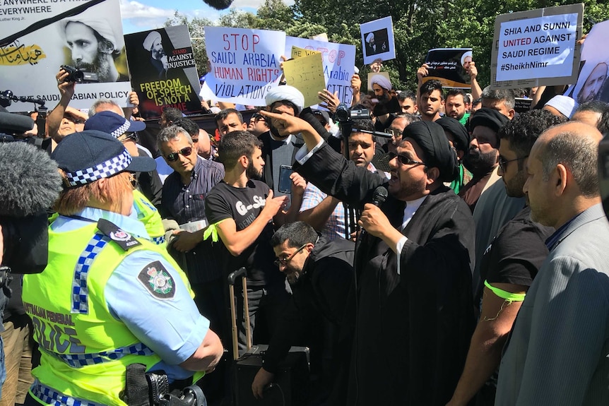 Protesters at the Saudi Arabian embassy in Canberra