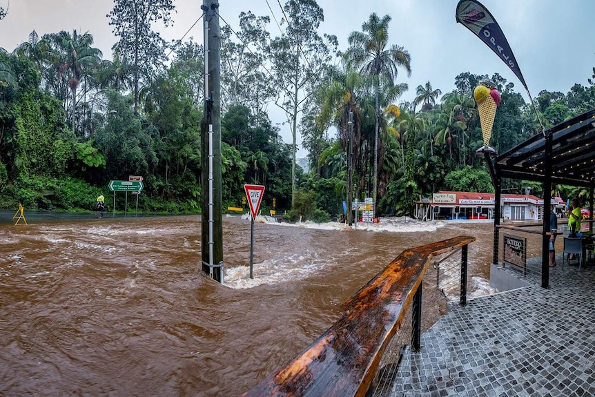 Floodwaters sweep through Curtis Road and Curtis Falls on Mount Tamborine during a deluge.