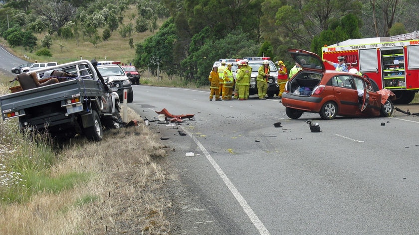 The scene of a fatal two-car collision outside Buckland in Tasmania's south-east