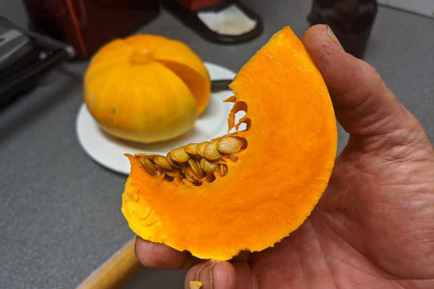 Cut slice of bright orange pumpkin in the foreground, the rest of the orange pumpkin on a plate in the background