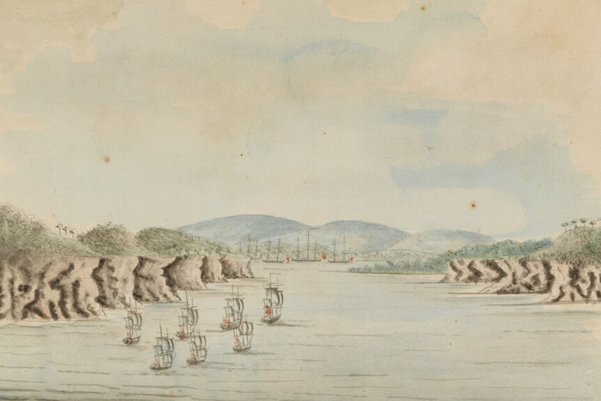 A drawing from William Bradley's First Fleet journal, showing tall ships in Botany Bay, 1788.